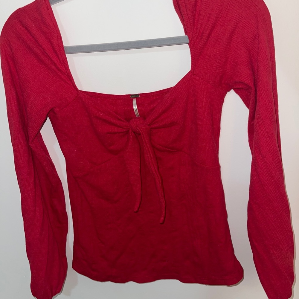 Free People Red Balloon Sleeve Front Tie Shirt